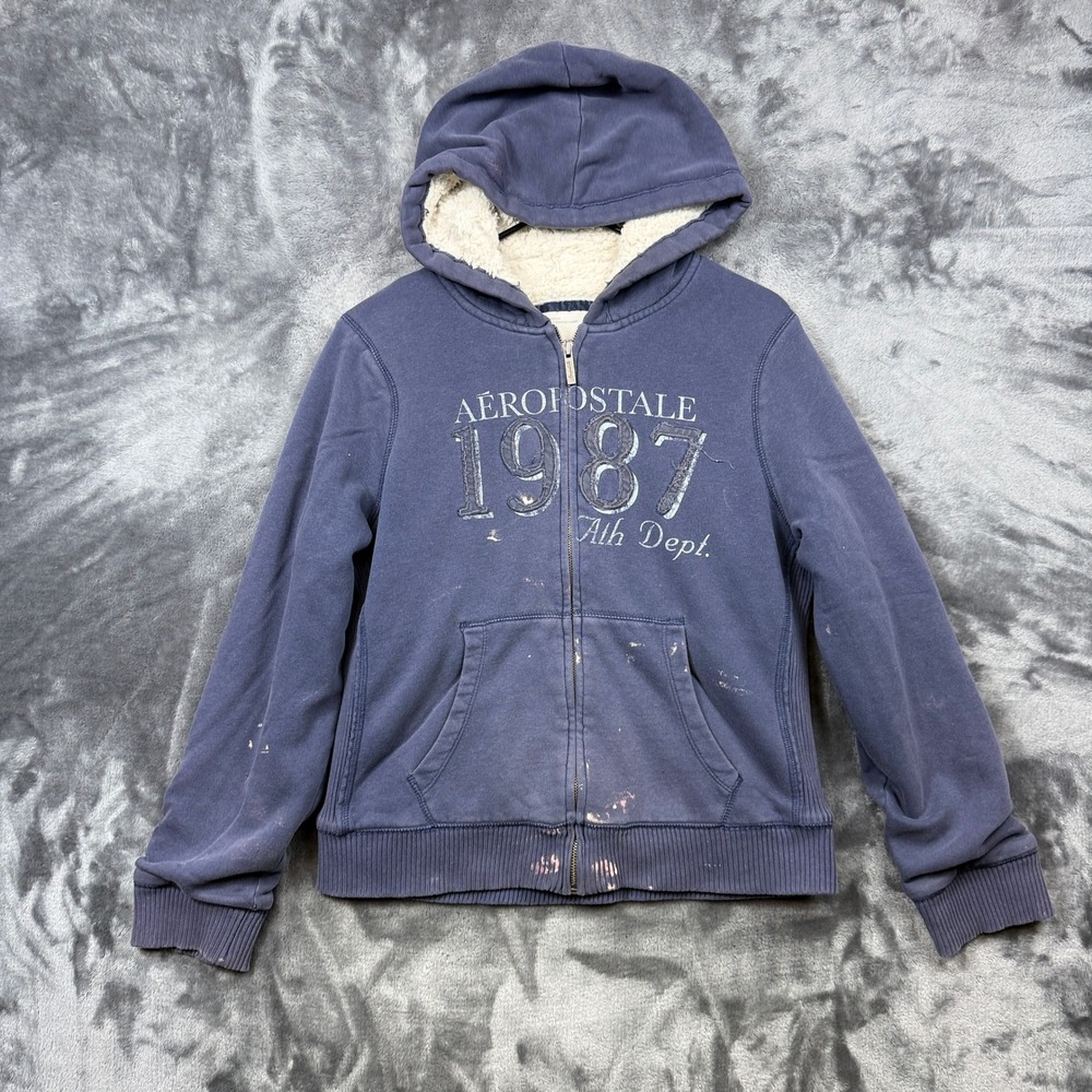 Aeropostale Hoodie Mens XL Blue Sherpa Lined Full Zip 1987 Ath Dept Distressed